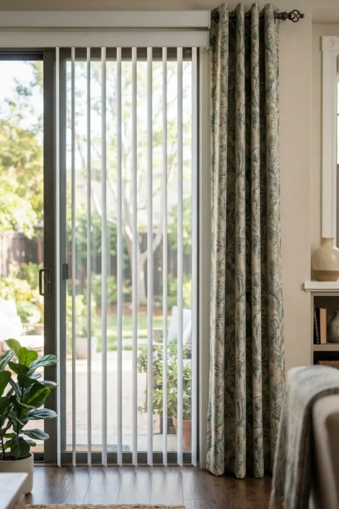 Vertical blinds fully drawn over a sliding glass door with a decorative patterned curtain panel stationary to the side