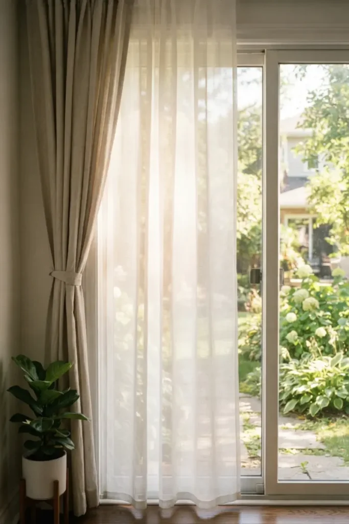 Sheer curtain panel softening bright sunlight in front of a sliding glass door, layered with a tied-back linen curtain