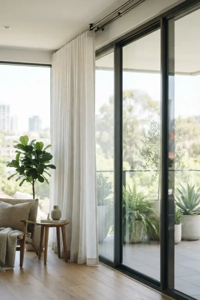 Heavy-duty ceiling-mounted track system supporting a wide curtain beside a wall-spanning floor-to-ceiling sliding glass door