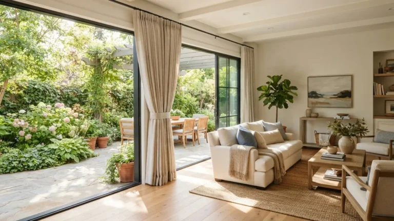 Curtains for sliding glass doors — panel stacked to one side in a bright living room
