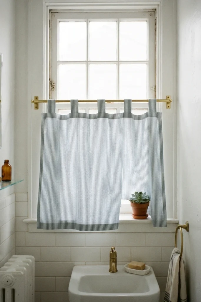 Striped café curtain covering the lower half of a small bathroom window above a sink