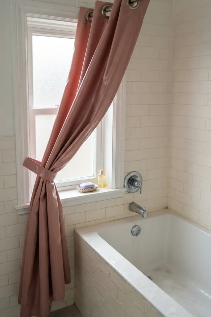 Vinyl-backed pink curtain tied back beside a bathtub with running water