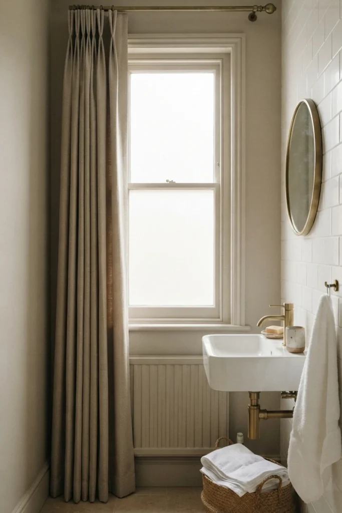 Floor-length curtain in a wall-matching greige tone blending seamlessly into a small bathroom