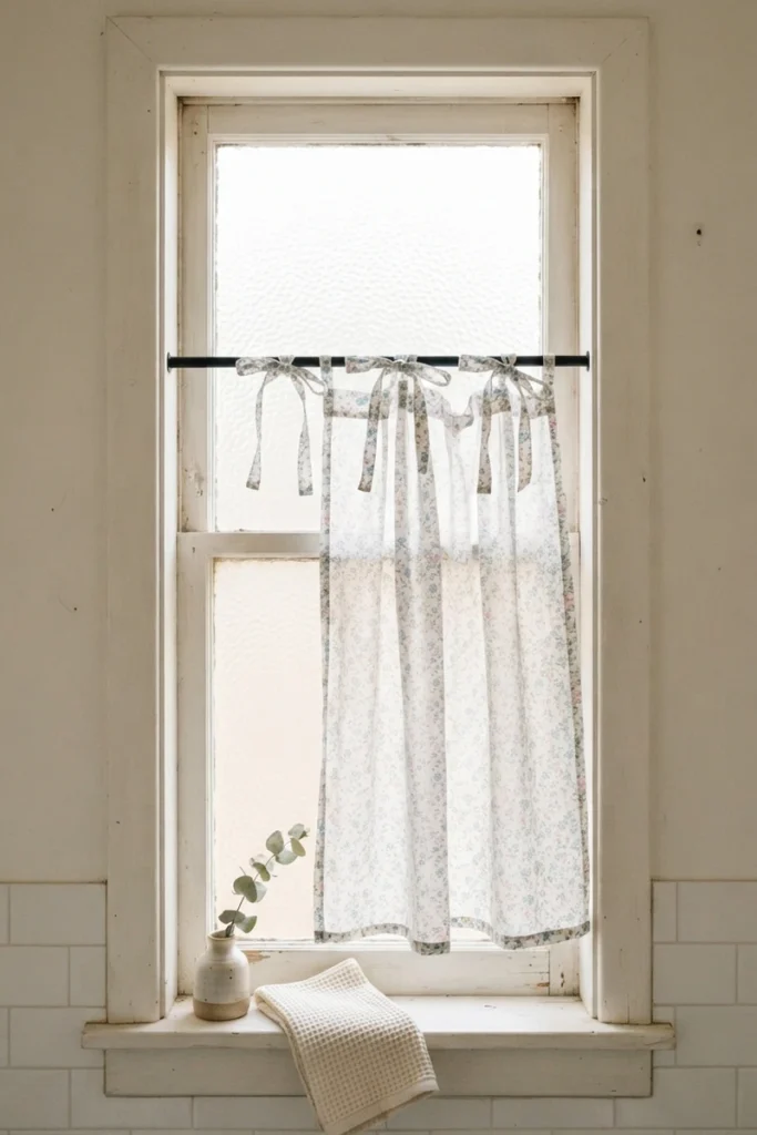 Light floral sheer curtain layered over frosted glass on a small bathroom window