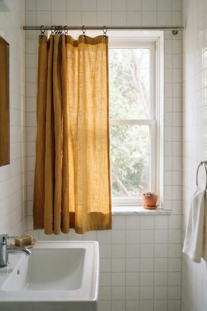 Mustard yellow linen curtain adding warmth to an all-tile small bathroom window