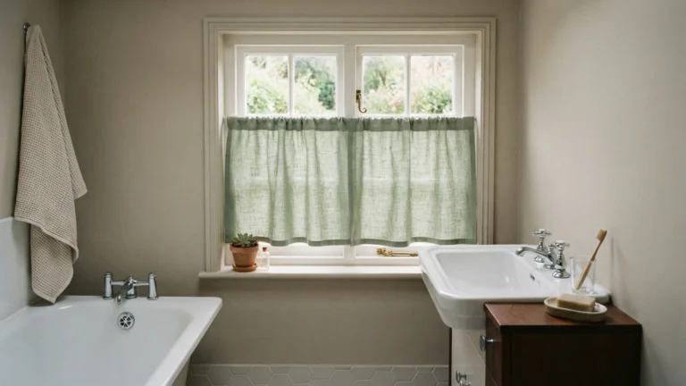 Small bathroom window curtains in sage green café style between a tub and sink