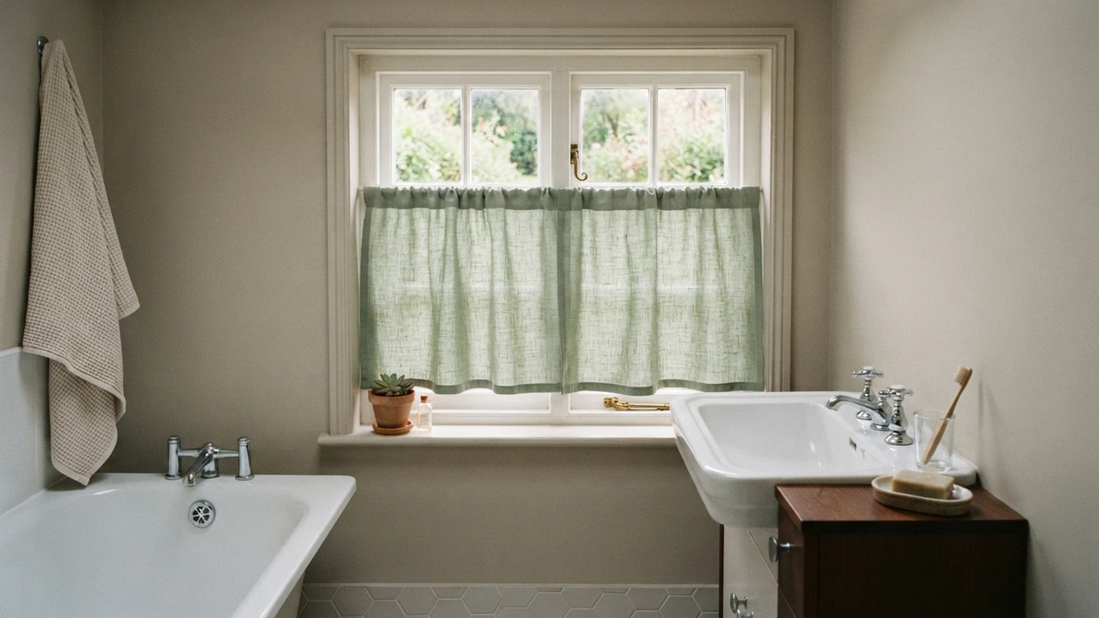 Small bathroom window curtains in sage green café style between a tub and sink