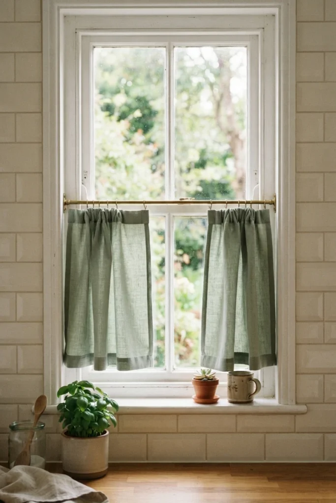 Sage green café curtains covering the lower half of a small kitchen window with subway tile surround