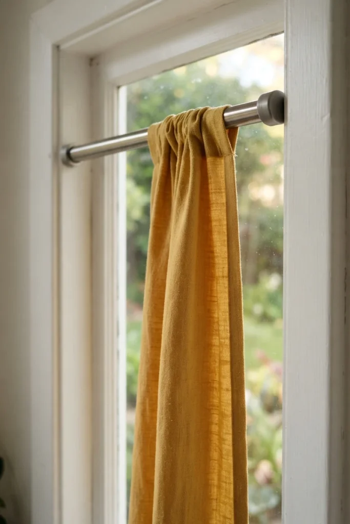 Tension rod wedged inside a window frame holding a mustard yellow curtain, no drilling required