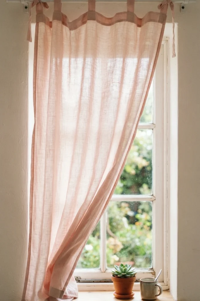 Sheer blush pink linen curtain pushed to one side of a small window, letting light through without bulk