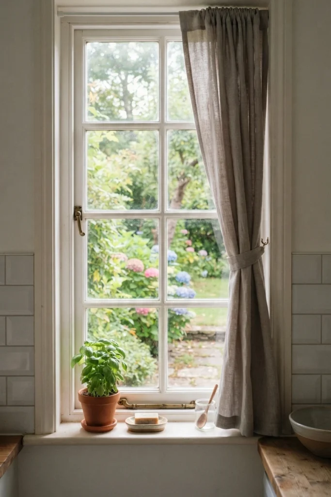 Linen curtain with minimal fullness tied back neatly, leaving the full kitchen window visible