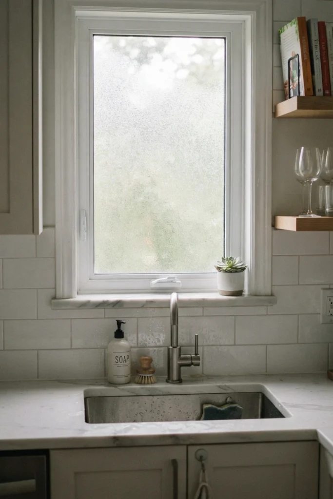 Frosted glass window above a kitchen sink with no fabric curtain, offering privacy without splash concerns