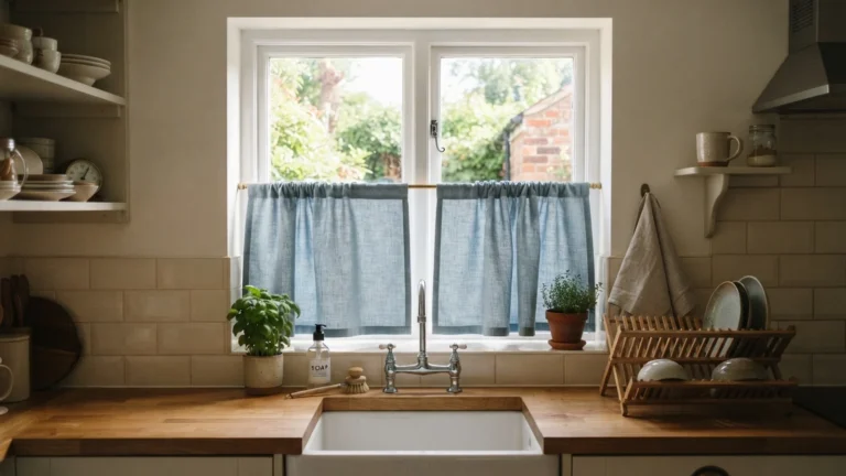 Small kitchen window curtains — café curtains covering the lower half of a compact window